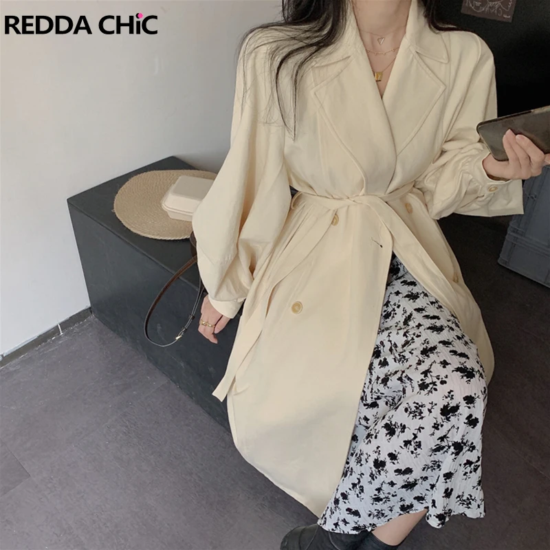 

REDDACHIC Notch Lapel Single-breasted Long Trench Coat Women Elegant Belted Long Sleeves Casual Windbreaker Korean Streetwear