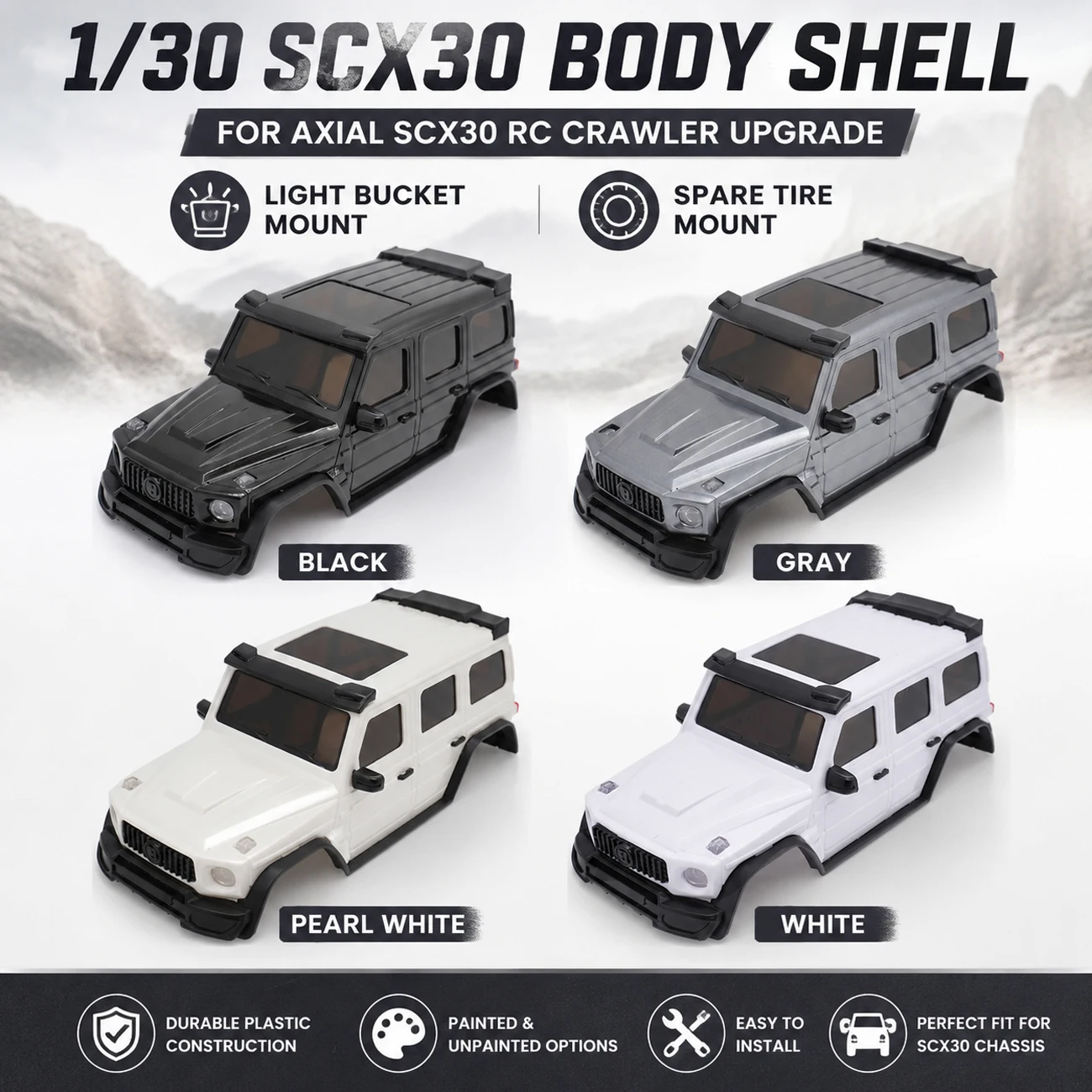 1/30 SCX30 Body Shell Plastic Painted Unpainted Body Shell w/Light Bucket Mount Spare Tire Mount for RC Crawler Car Upgrade Part