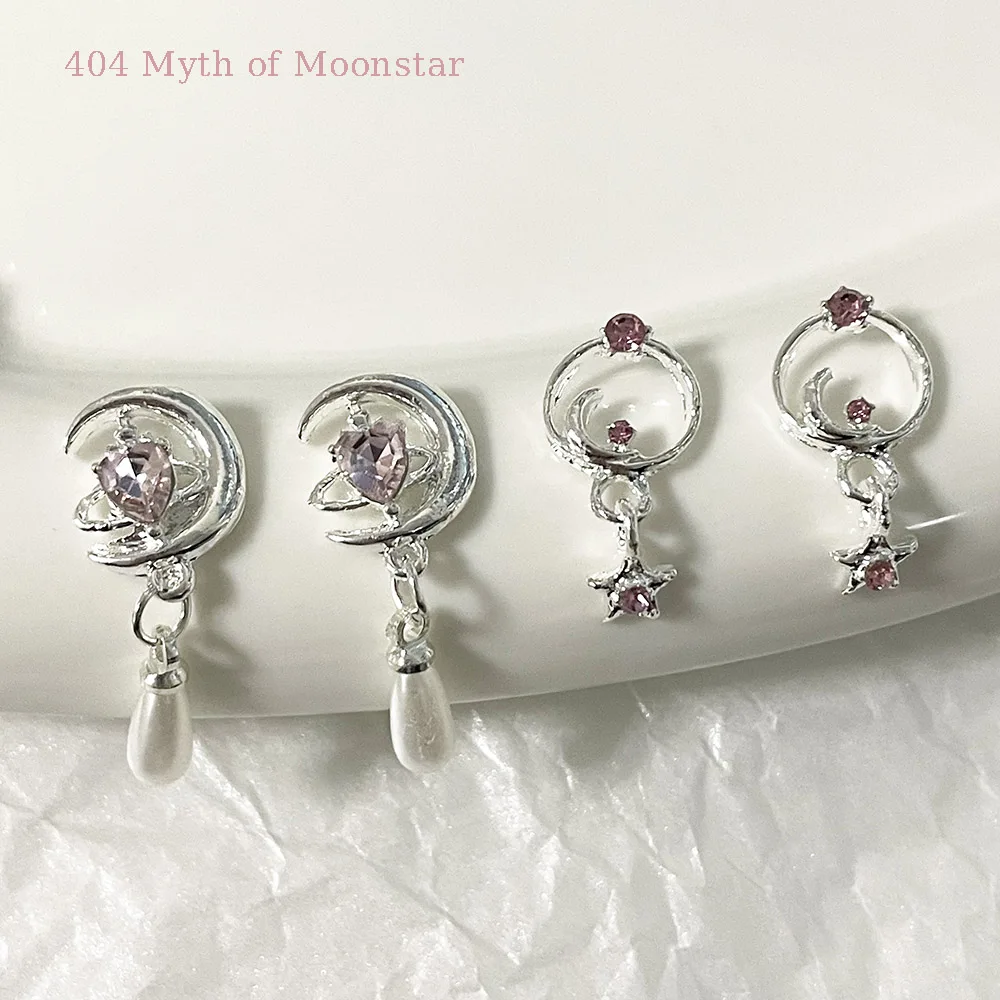 -Myth of Moonstar- Chrome Bright Silver Charms Pink Chill Girl Star Moon Heart Pendants Glassy Diamonds Inlay Nail DIY Jewel 404