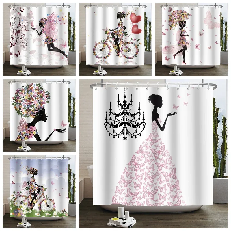 Butterfly Girls Shower Curtain for Bathroom Pink Flower Fairy Girl Floral Dress Umbrella Butterflies Waterproof Bath Curtain