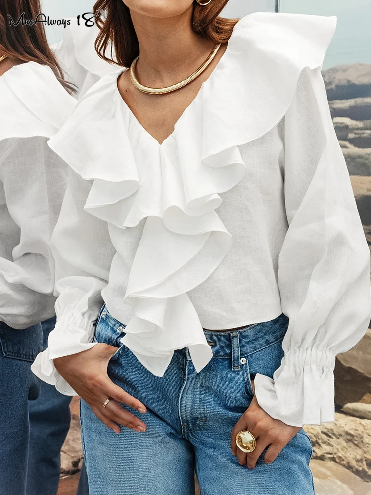 Mnealways18 White Laminated Flounces Cotton Linen Shirts Women V-Neck Puff Sleeve Oversize Blouses And Tops Autumn Office Ladies