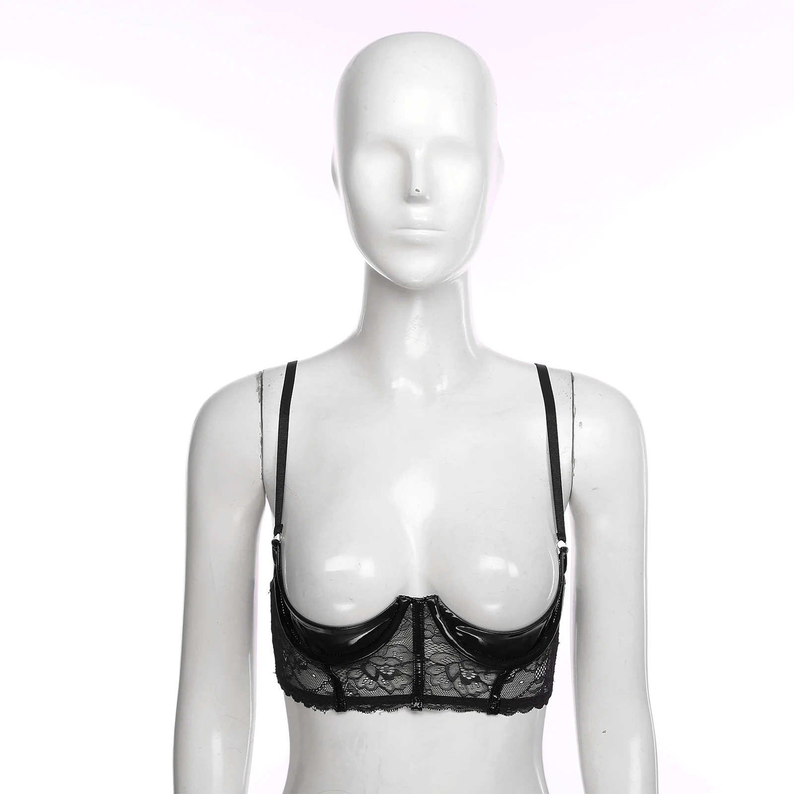 Soutien-gorge en dentelle transparente pour femmes, lingerie en cuir verni, bretelles réglables, sexy, 1/4