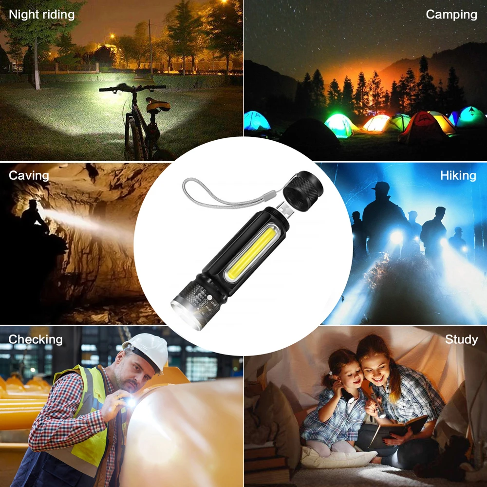 Built-in Battery LED Flashlight USB Rechargeable T6 COB Torch Zoom 5 Modes Flash Light Magnetic Attraction Waterproof Outdoor