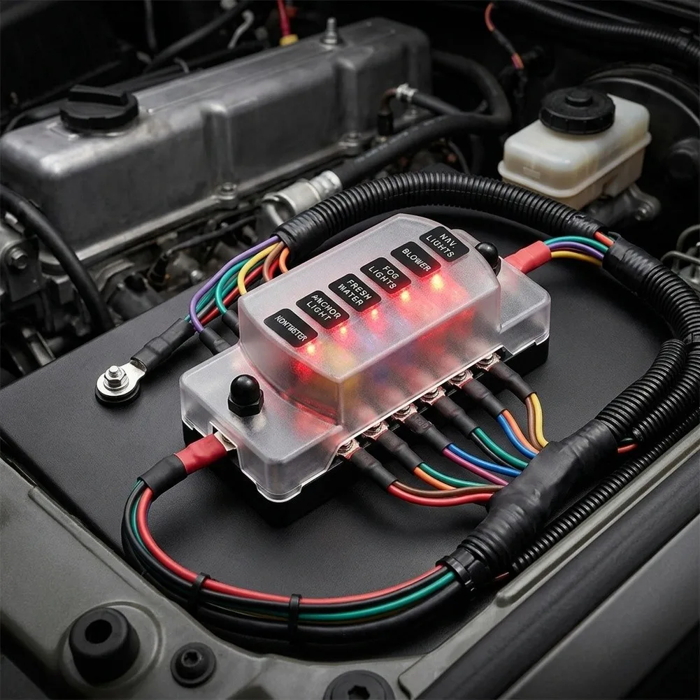 Car Fuse Box 6 Way with Visual LED Indicators for RVs Boats Buses Vehicles PBT+PC Housing Stainless Steel Screws