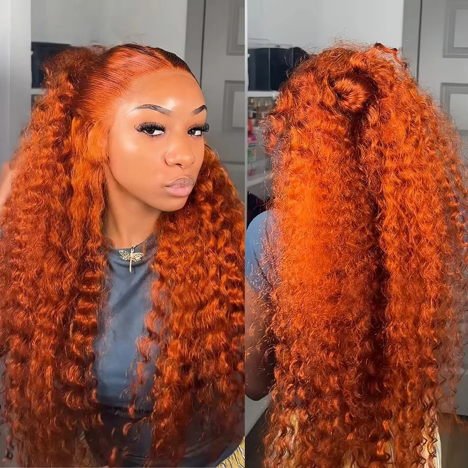 350 # Peluca de cabello humano naranja jengibre, peluca de cabello humano rizado con ondas de agua, peluca de encaje hd de color brasileño 100%, cabello humano virgen 13x4 13x6
