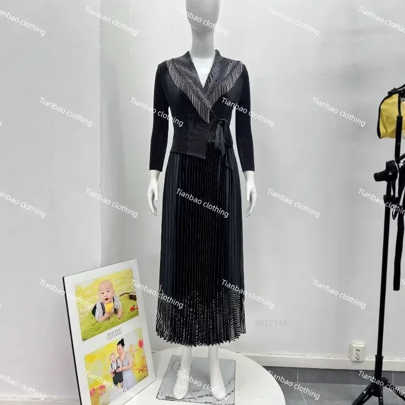 Elegant European Miyake Pleats Women's Dress with Lapel Collar Long Sleeve Patchwork Fringe Tie Detail plus Size