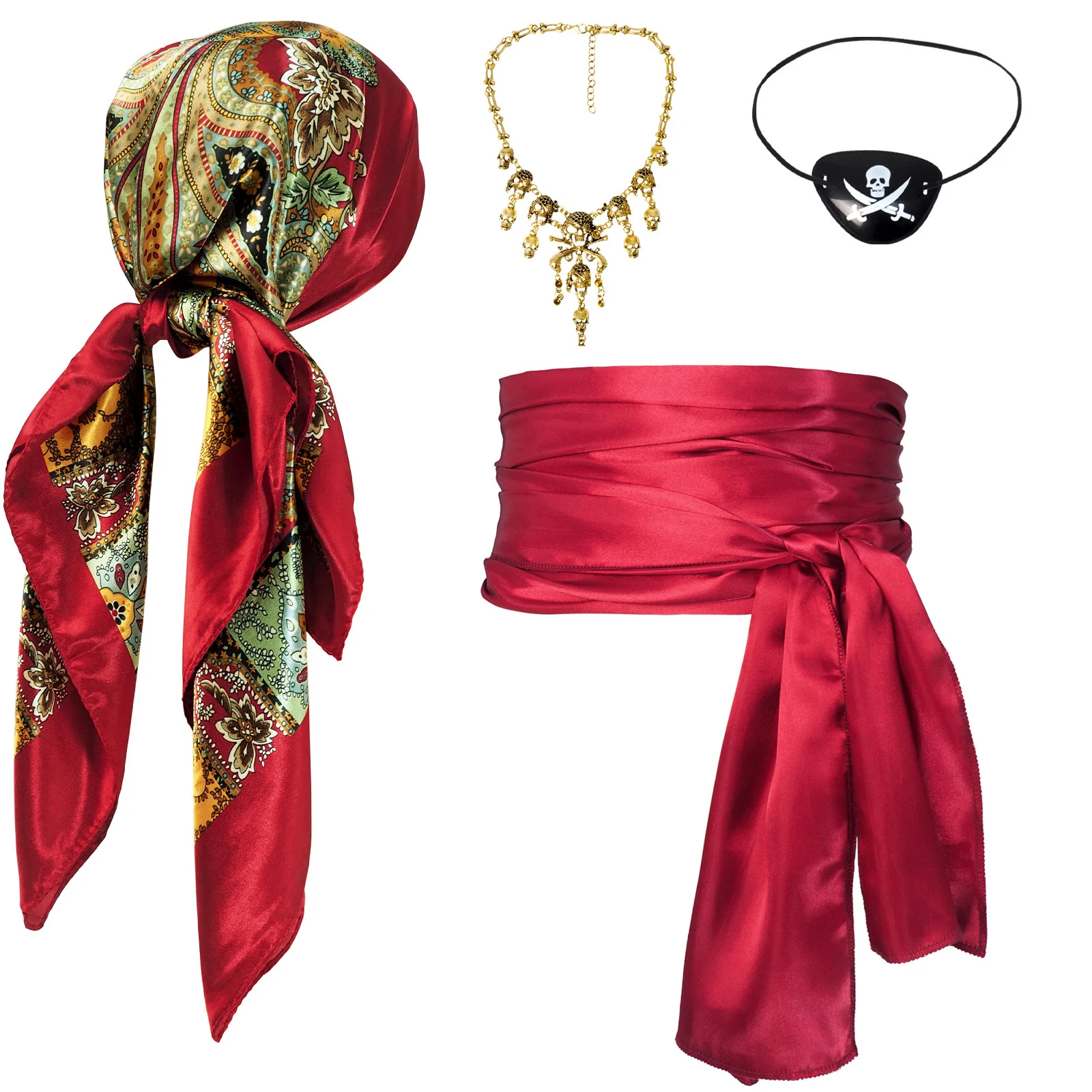 Women Pirate Cosplay Set Headscarf Wrap Hat Eye Mask Cosplay Costume Accessories Outfit Some with Sash Belt Necklace