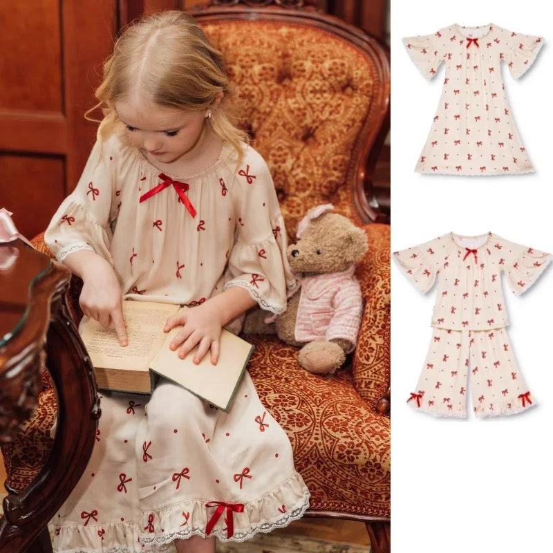 

Girls' Pajama Set 2025 Fall/Winter New Arrival Pink Printed Fashionable Children's Loungewear Cotton Cute Bow Girl's Nightgown