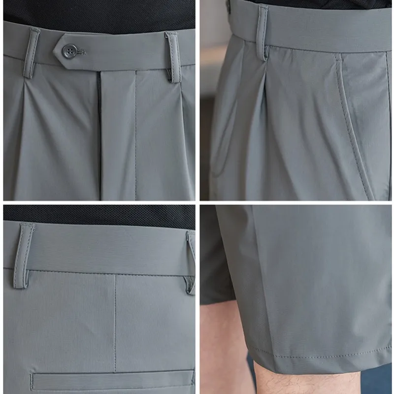 夏のメンズショーツストレートフィットストレッチ膝丈ショートスーツパンツ固体アイスシルク軽量通気性カジュアルショーツ男