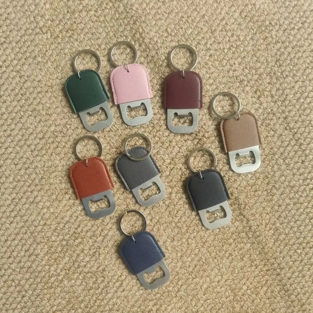 Stainless Steel Bottle Opener Keychain Portable PU Leather Beer Cap Opener Leather Sleeve Beer Bottle Opening