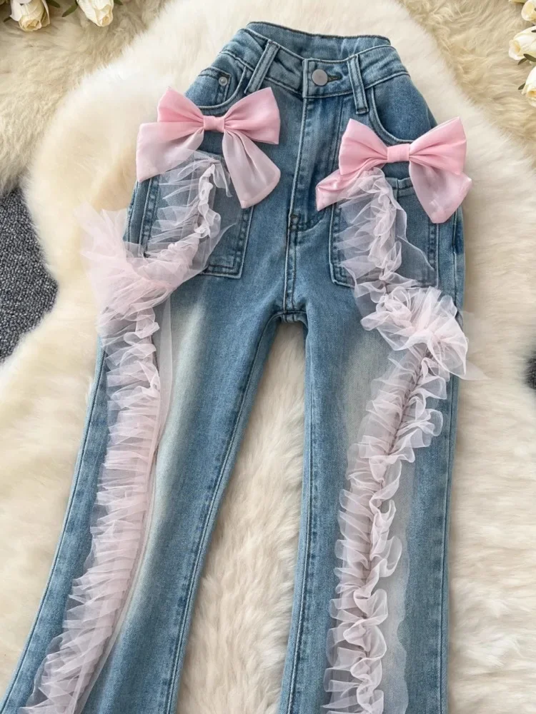 Kimotimo Jeans Women Pink Bow Three-dimensional Ruffle Design High Waist Slim Flare Long Pants Autumn Winter Slim Y2k Streetwear