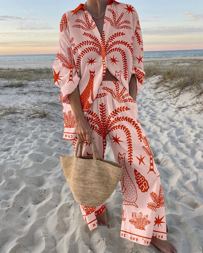 Spring Vacation Style Fashion Casual Print Two Piece Sets Summer Women Loose Lapel Long Sleeve Button Shirt + Wide Leg Pants Set