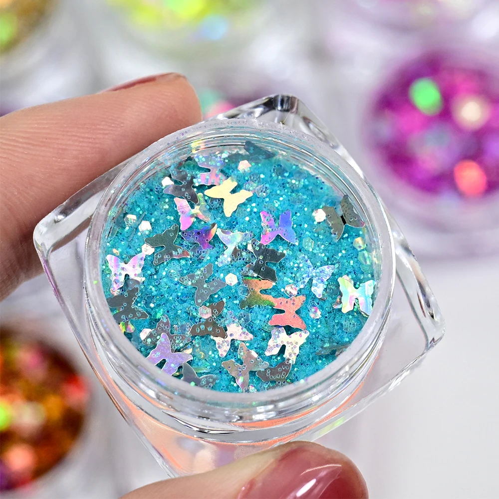 ผงกลิตเตอร์โฮโลแกรมลายผีเสื้อ ดาว พระจันทร์ 12 กล่อง ผสมผงวิ้งๆ สำหรับตกแต่งเล็บ ทำเล็บ DIY กลิตเตอร์เล็บ