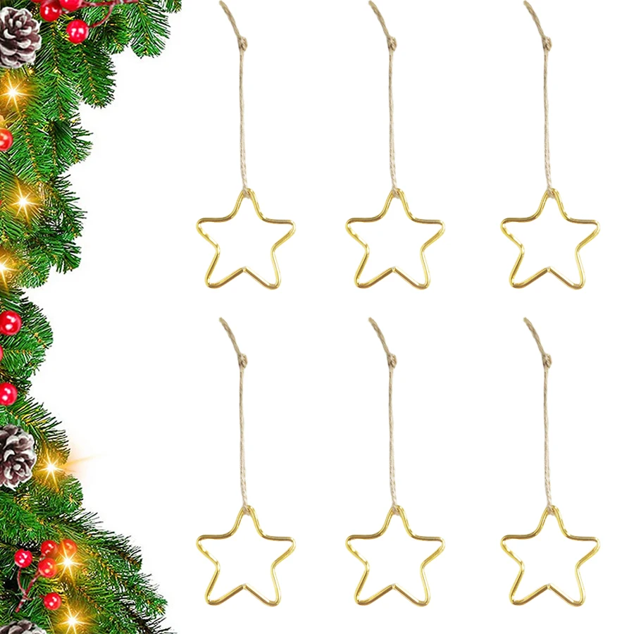 6-Piece Set of Golden Star Pendants for Christmas Tree Decoration, High-Quality Metal Iron Art for Holiday Celebrations, Wreaths, Fireplace, Stair Railings, Door Lintels, DIY Ornament Accessories