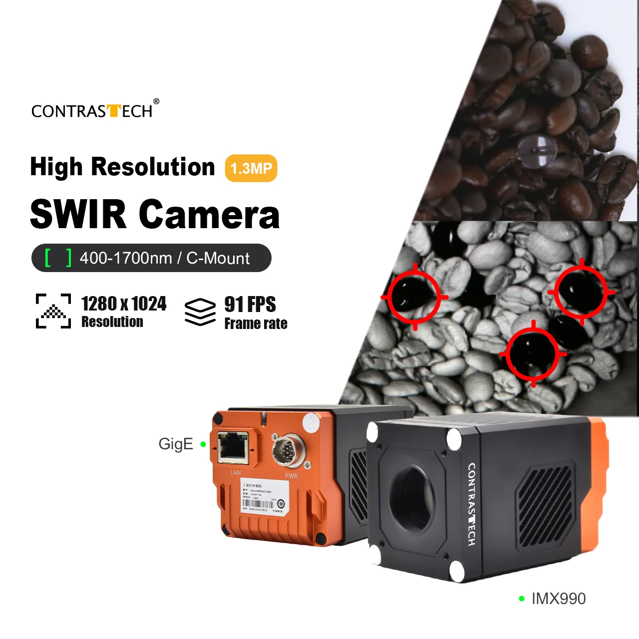 Support GeniCam 0.4μm to 1.7μm 1.3MP IMX990 91FPS Area Scan High Sensitivity Digital SWIR Camera for Drug Analysis