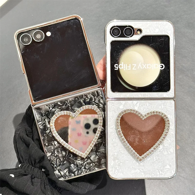 

Чехол для телефона Samsung Galaxy Z Flip 7 FE 6 5 4 3D Love Heart Mirror Shell Pattern Браслет Гальваника ПК Противоударный чехол