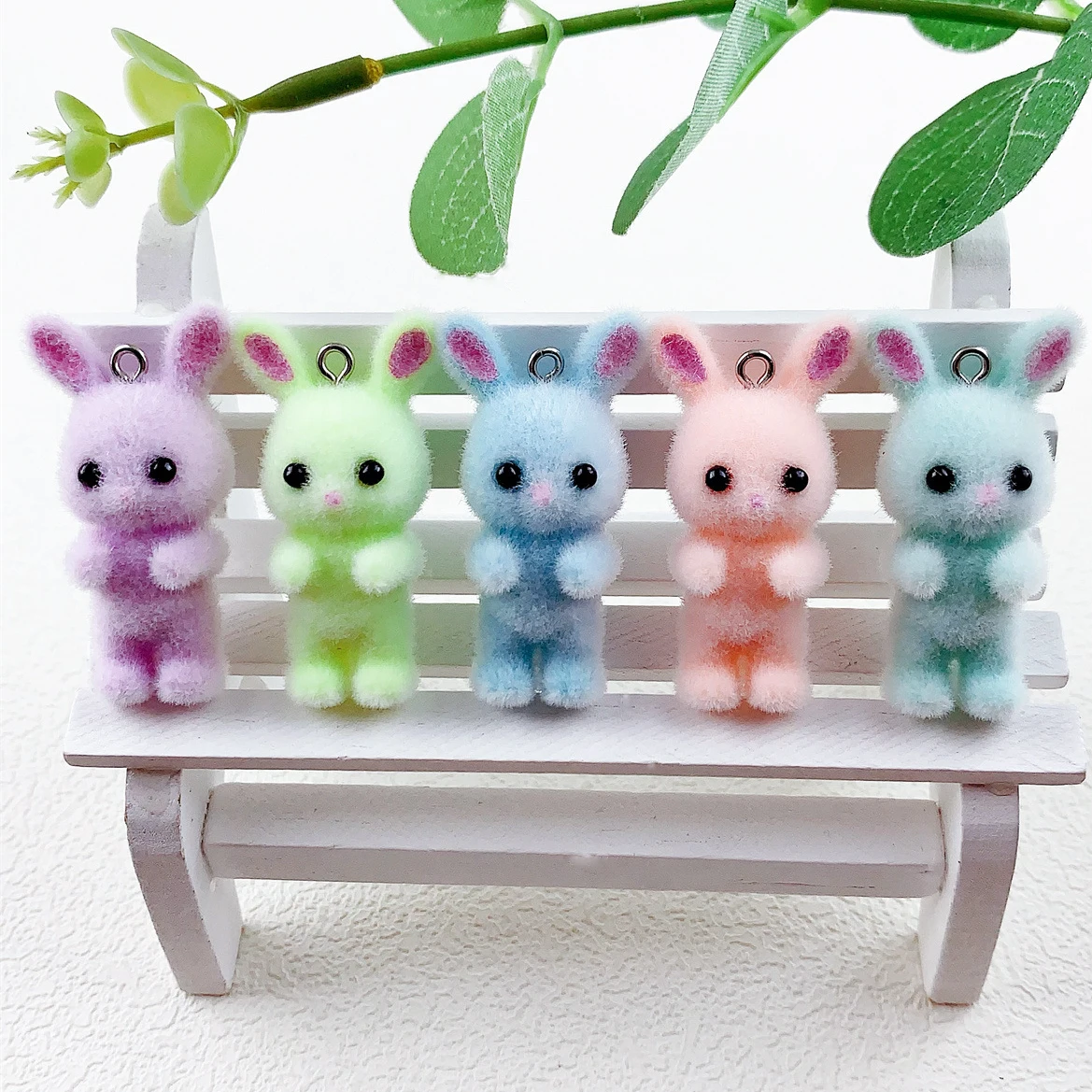 

30pcs 3D Cartoon Plush Animal Charms Cute Colorful Flocking Rabbit Resin Pendant For Earring Keychain DIY Crafts Jewelry Make