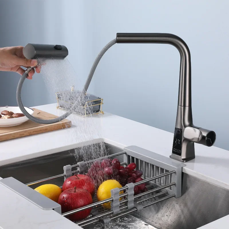 Kitchen Household Rotating and Stretchable Sink Digital Display Faucet, Waterfall Multifunctional Pull Kitchen Sink  Faucet