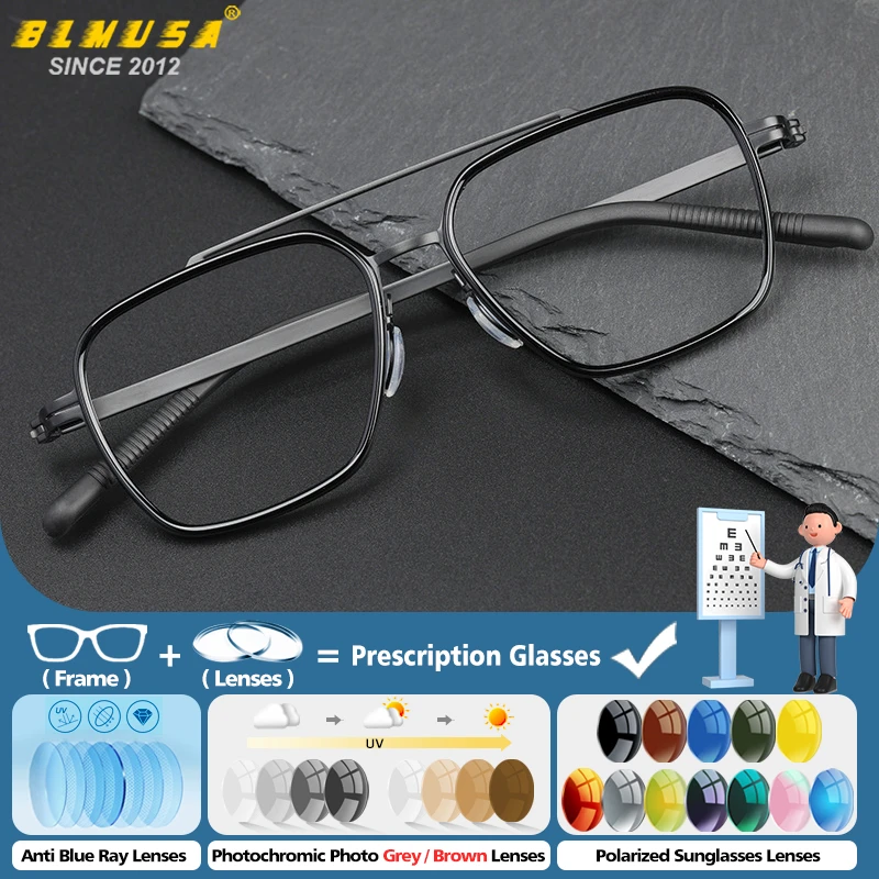 

BLMUSA Men Ultralight Thin Rim Titanium Frame Prescription Glasses Pilot Square Anti Blue Light Progressive Myopia Eyeglasses