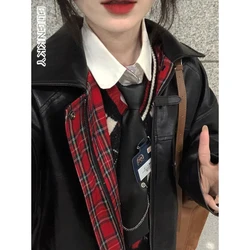 Two-sided Lattice Leather Jacket Women American Patchwork Loose Bomber Jackets Harajuku Vintage Zipper PU College Style Coats