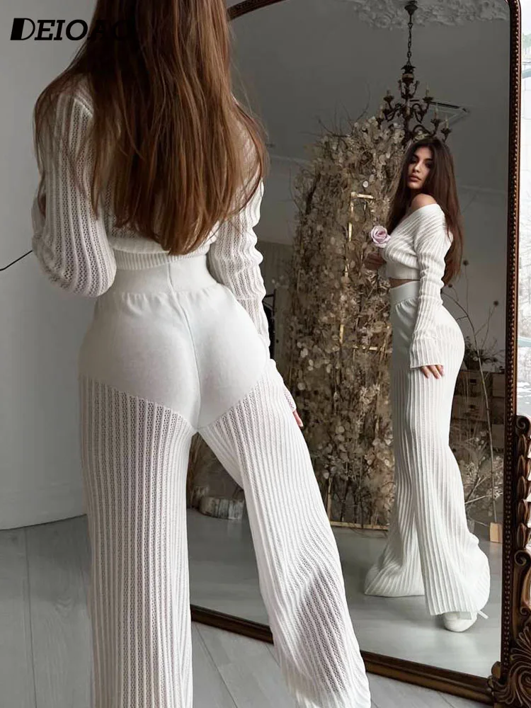 

Deioao Knitted Elastic Solid Color 2-Piece Autumn 2023 Women Long Sleeved V-Neck Exposed Navel Top Bodycon High Waist Pants