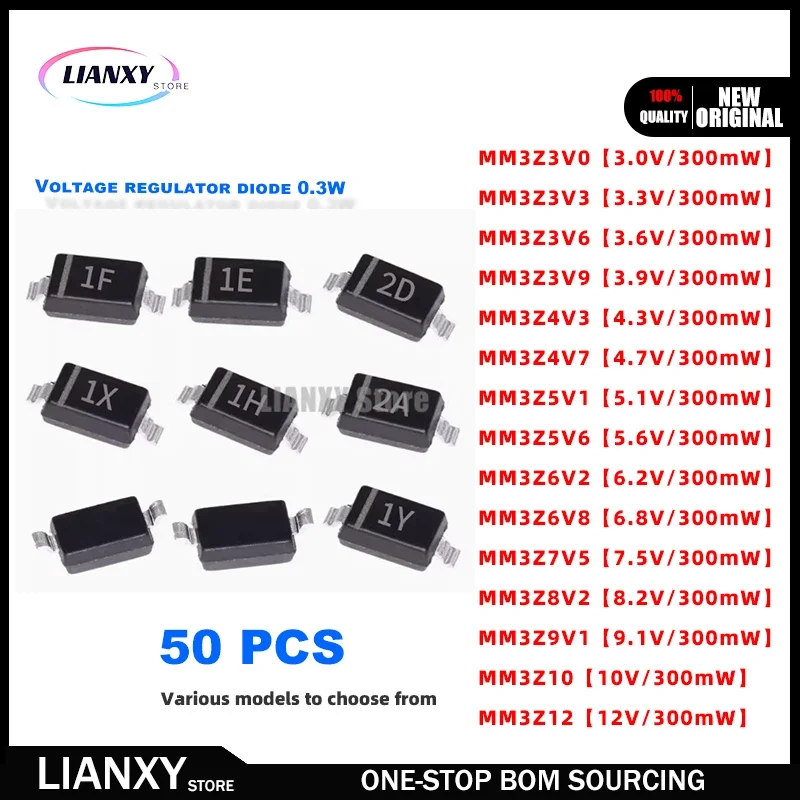 100PCS MM3Z3V0 MM3Z3V3 MM3Z3V6 MM3Z3V9 MM3Z4V3 MM3Z4V7 MM3Z5V1 MM3Z5V6 MM3Z6V2 MM3Z6V8 MM3Z7V5 MM3Z8V2 MM3Z9V1 diode SOD-323 NEW