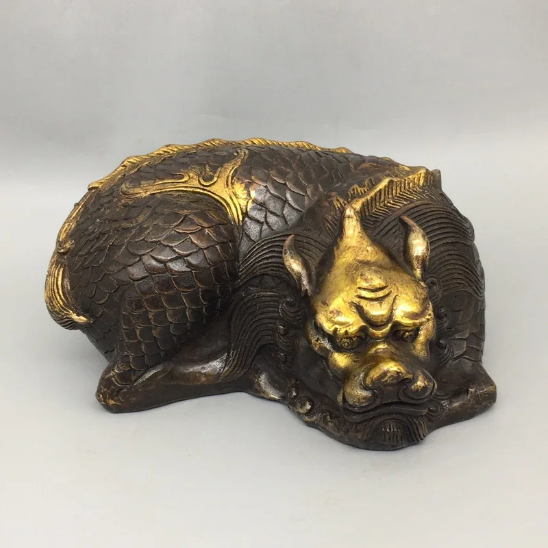 Gilt copper golden-swallowing beast Qilin ornament, lying beast decoration for home and shop desktop, business gift