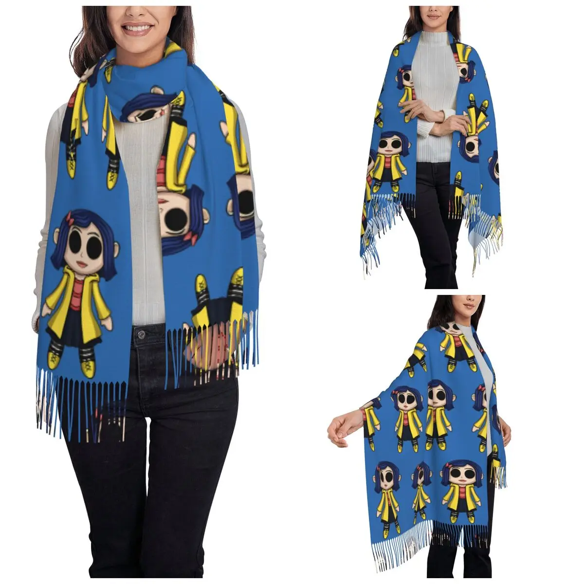 Sciarpa con nappe da donna Coraline Doll Chibi Large Winter Fall scialle Wrap Gifts sciarpa in Cashmere