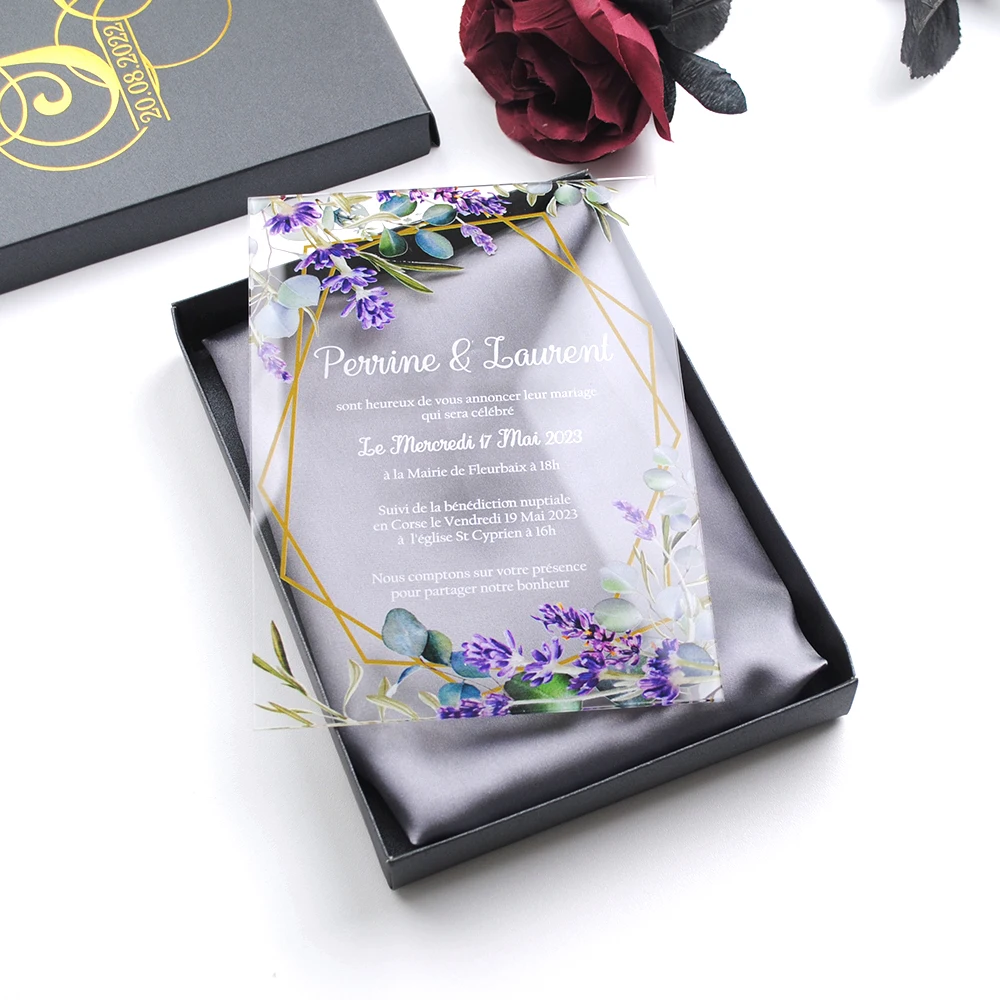 Customized Acrylic Wedding Invitation Card with Blank Box, Purple Flower Design, 10Pcs