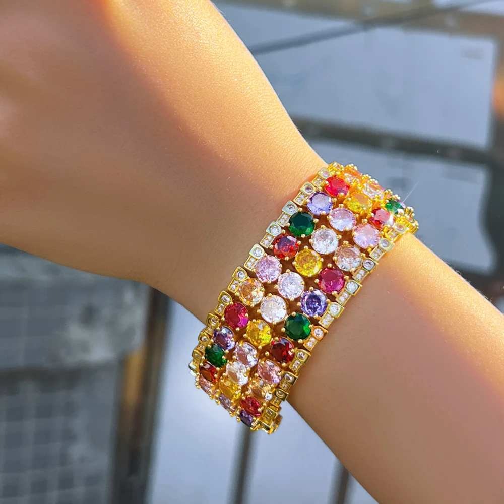 BeaQueen Big Round Colorful Full CZ Stones Setting Bracelet Bangle High End Dubai Gold Plated Jewelry for Women Prom Dinner B268