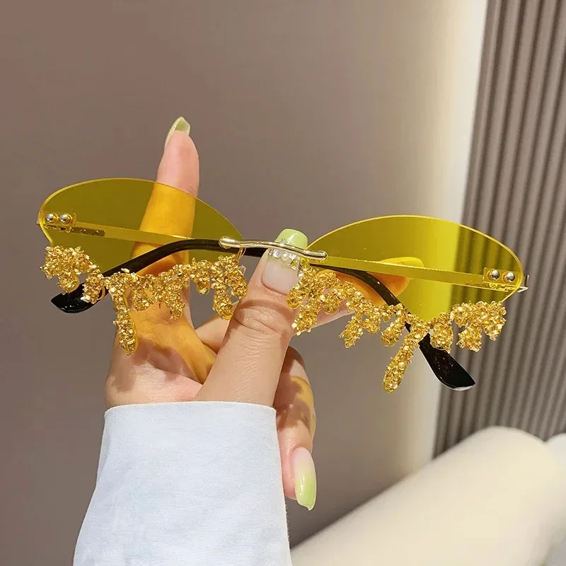 Diamant Randlose Sonnenbrille Damen Luxusmarke Strass Sonnenbrillen Sexy Tränenform Punk Party Eyewear Gafas De Sol – Detail 7