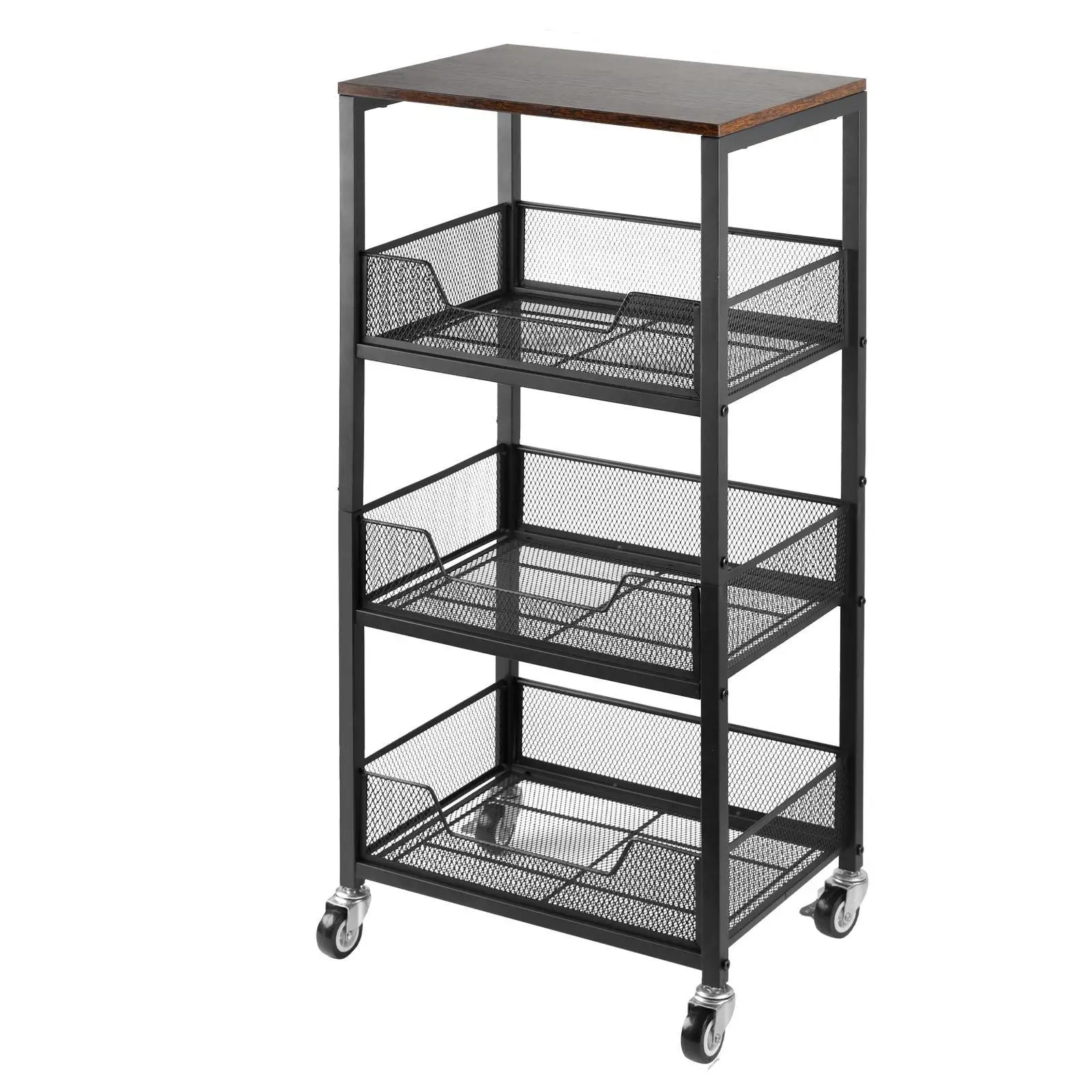 3-Tier Rolling Utility Cart with Wood Top, Metal Mesh Basket Mobile Shelving Unit, Movable Storage Organizer for Kitchen, Pantry, Bathroom, Laundry Room