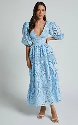 V-neck Lace Embroidered Dress, Hollow Out, Sexy, exposed Waist, European and American, Summer, New, 2024