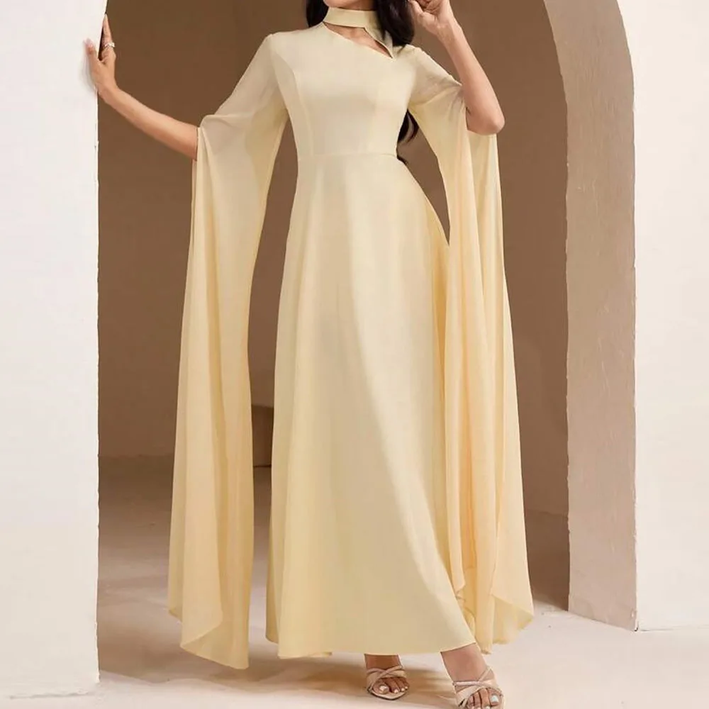

Customized A-line Evening Dresses Ankle-length High-neck Full Sleeve Prom Gown Simple Fashion Draped Casual Party Gown