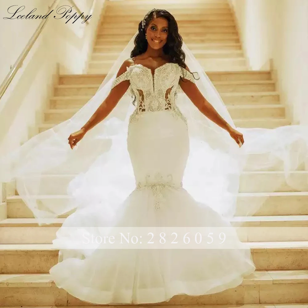 Lceland Poppy Customized Mermaid Wedding Dresses Off the Shoulder Corset Back Bridal Gowns with Beadings