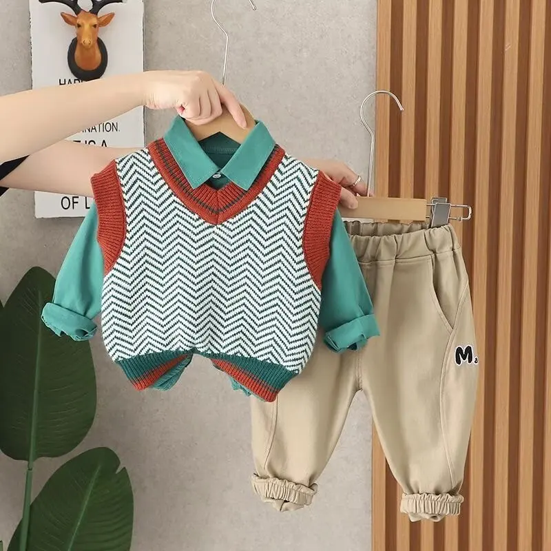 Baby Clothes Suit Casual Clothing Spring/autumn Fashion Baby Boys Three-piece Set Vest+Shirts+Pantss Cool Autumn