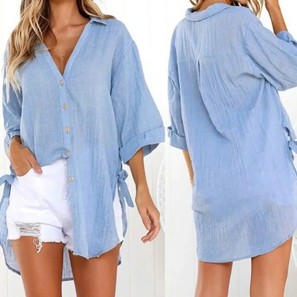 Women's Blouse Cotton Beach Shirt Summer Tops Casual Cover-ups Midi Dresses Fashion Solid Loose Tunics Female Swimwear