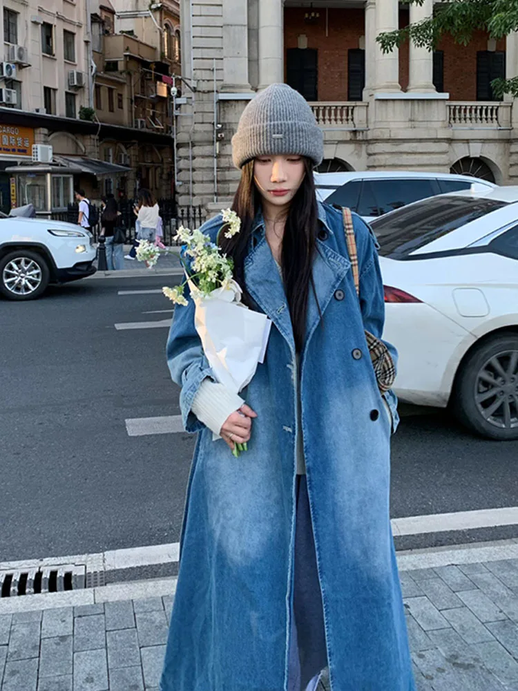 Trench-coat en denim à double boutonnage, style hongkongais, pour le printemps 2025, sens du luxe et rétro, ample, décontracté, tendance