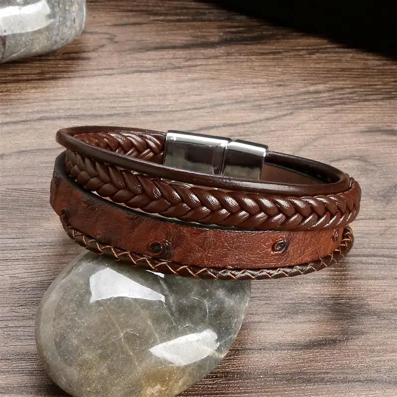 2023 New Men Leather Bracelets Braided Rope Bangle Multilayer Black Brown Color Vintage Punk Unisex Jewelry Wristband Gifts