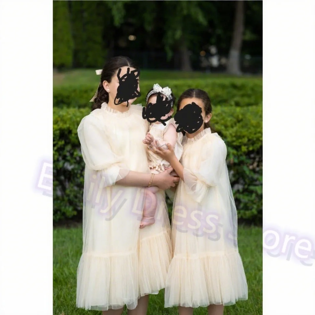 

Customized Champagne Flower Girl Dress For Wedding Pleated Tulle Puffy Baby Kids Birthday Party Ball First Communion Gowns
