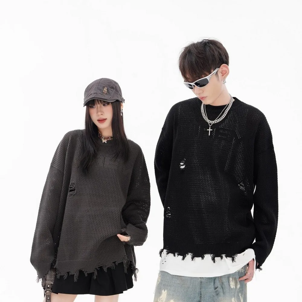 Goth Ripped Christmas Couple Sweaters Men Oversize Punk Knit Frayed Tops Winter Clothes Women Y2k Streetwear Designer Pullovers