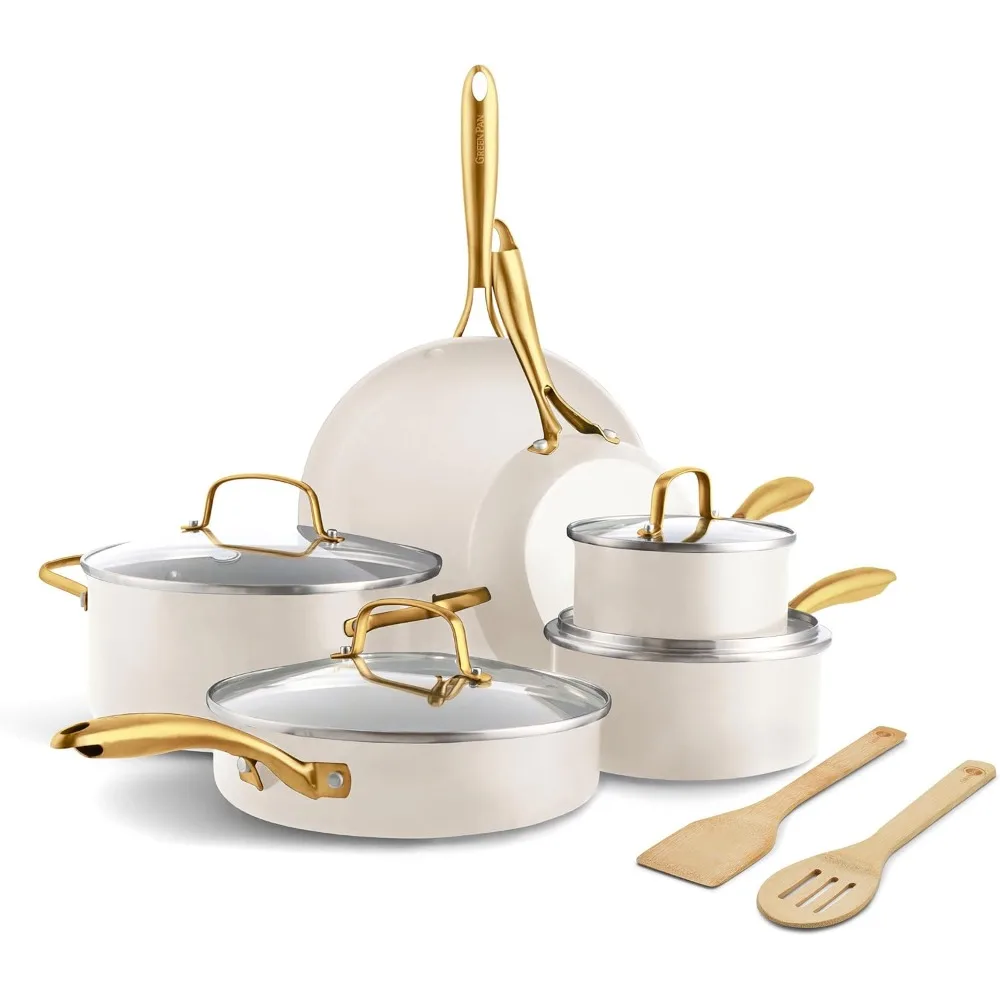 

Swift 12 Piece Cookware Pot and Pans Set, PFAS & PFOA-Free Healthy Ceramic Nonstick, Gold Stainless Steel Handle, Versatile Coo