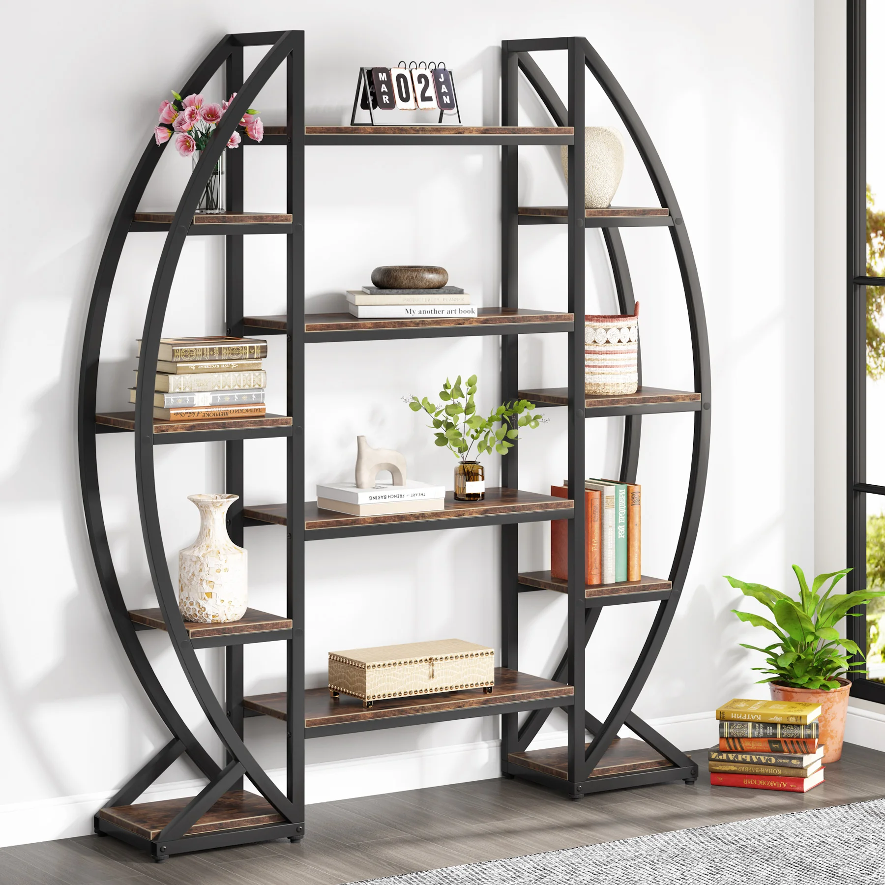 Bookshelf, Oval Triple Wide 5 Tiers Etagere Bookcases, Industrial Display Shelves for Living Room