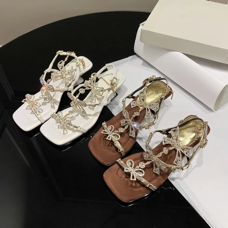 

Rhinestone Bow Chain High-Heeled Sandals Super Fiber Flat Strap Sandals with Round Toe, Hot Selling In Europe and America