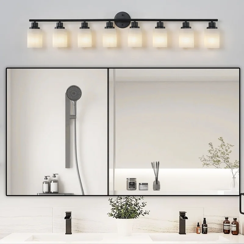 

Modern 8-Light Vanity Mirror Light, Frosted White Glass with Black Iron Frame, Contemporary Wall Sconce for Bathroom and Bedroom