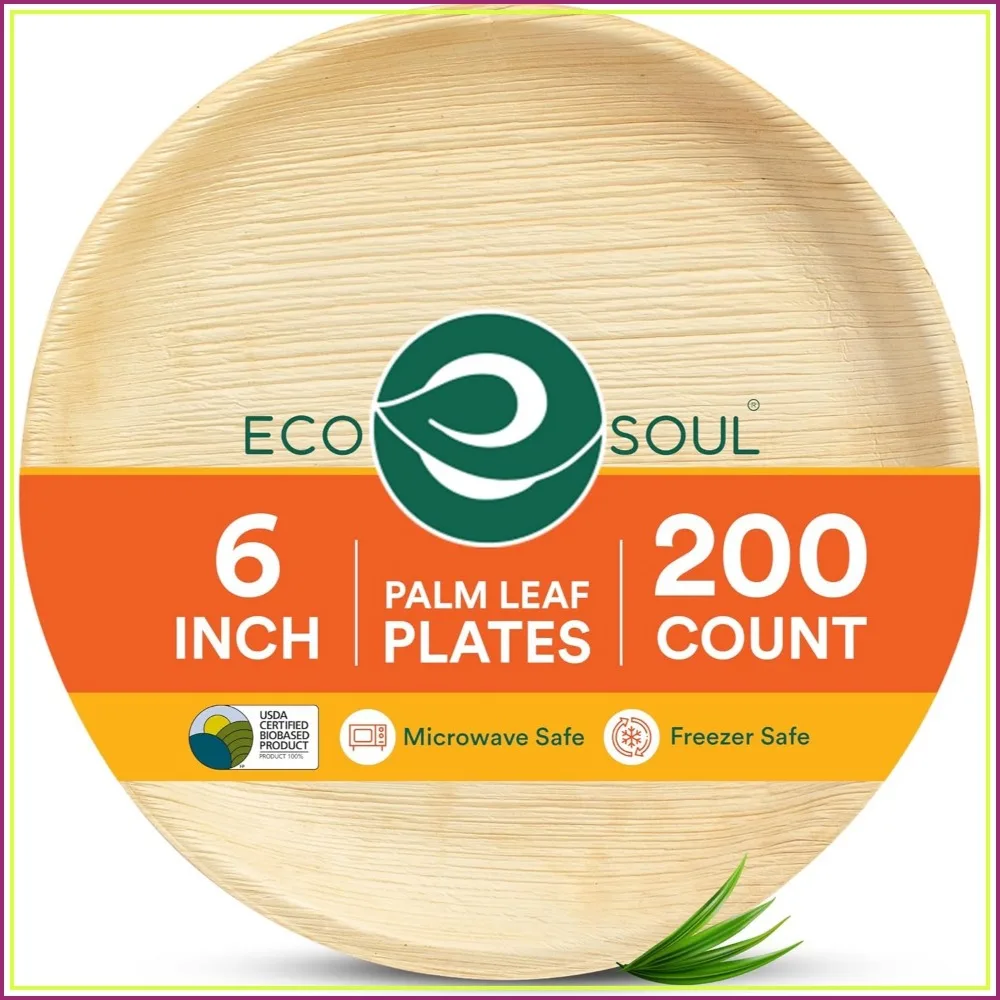 

6 Inch Round Palm Leaf Plates, 200 Pack Biodegradable Disposable Appetizer & Dessert Plates for Parties, Weddings, Events