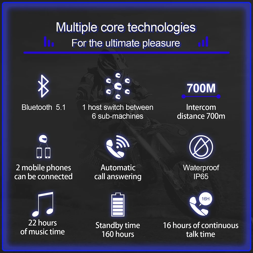 EJEAS V7 casco moto interfono Bluetooth distanza 700 metri Bluetooth 5.1 adatto per 7 passeggeri IP65 impermeabile