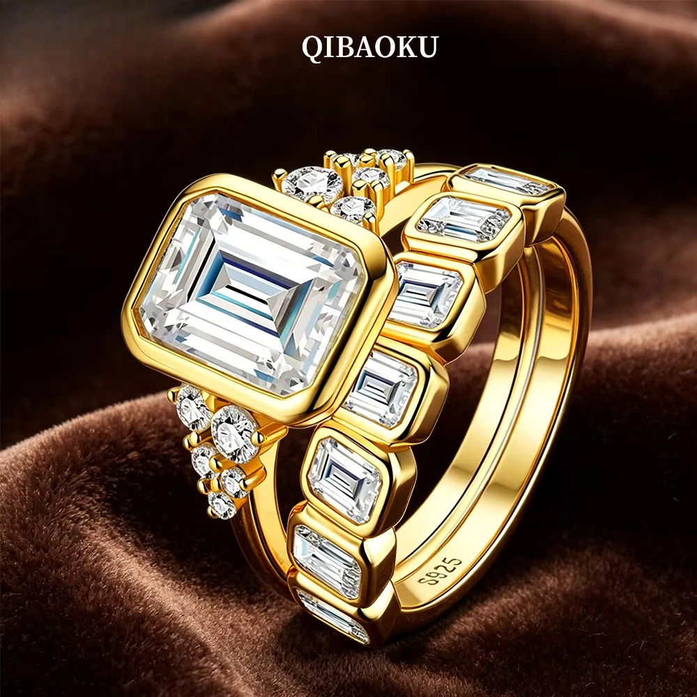 QIBAOKU 3CT Bezel Set Emerald Moissanite Ring Sets 100% S925 Silver for Women Men Eternity Band Weddng Gifts Fine Jewelry 2026