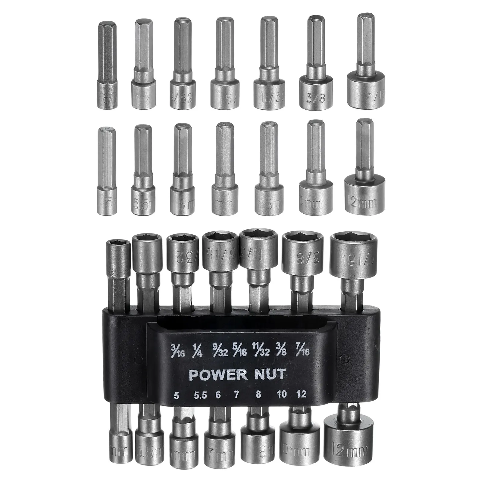 

14pcs Hex Nut Driver Drill Bit 3/16"-7/16" 5-12mm Metric Magnetic 6-Point Drill Socket 1/4" Hex Shank Quick-Change Nut Impact