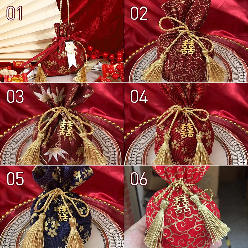 5 Pcs Retro Chinese Wedding Gift Bag Snack Candy Gift Bag Wedding Birthday Party Favors Drawstring Pocket Bag